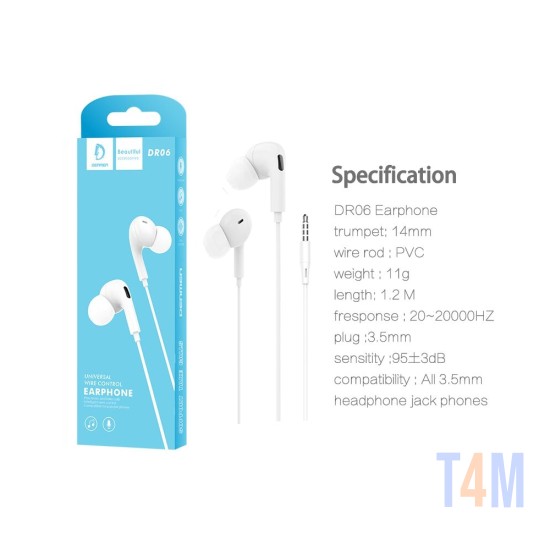 FONES DE OUVIDO DE CONTROLE DE FIO DENMAN DR06 BRANCO